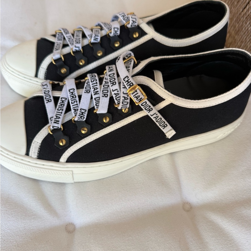 Dior Black and White Low-Top Canvas Sneakers with Gold Accents - Picture 8 of 9